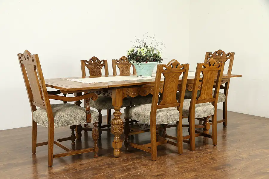 Main image of English Tudor Antique Oak Dining Set, Table, 6 Chairs