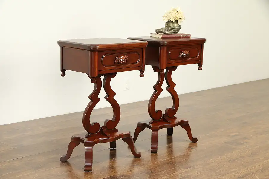 Main image of Pair of Vintage Cherry Lyre Base Nightstands or End Tables