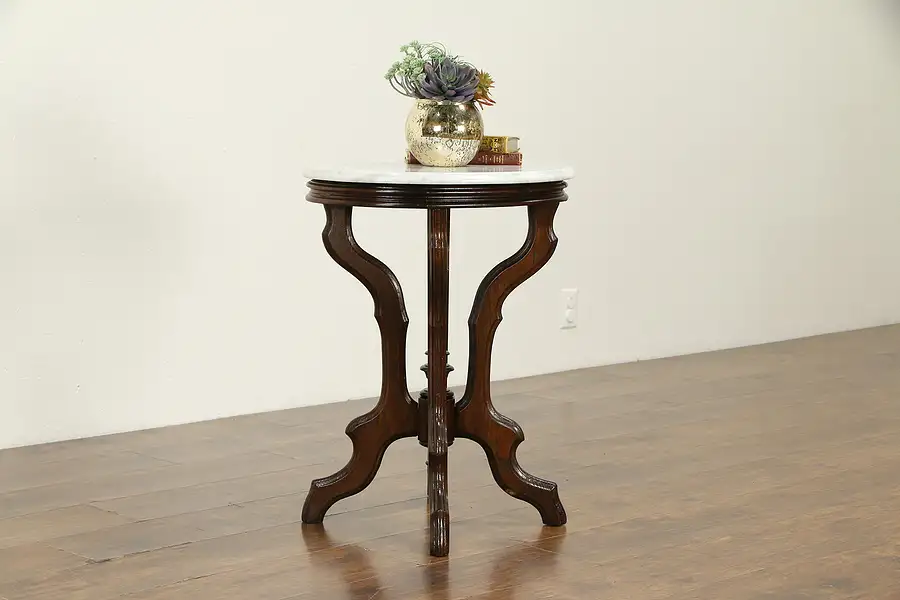 Main image of Oval Victorian Antique Nightstand, Lamp, or Parlor Table, Marble Top