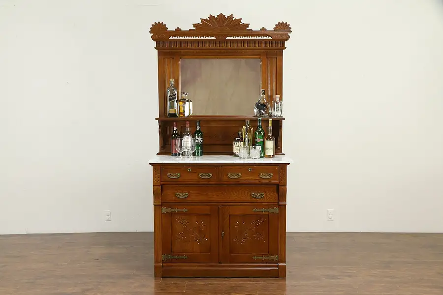 Main image of Victorian Eastlake Antique Oak Spoon Carved Sideboard, Mirror & Marble