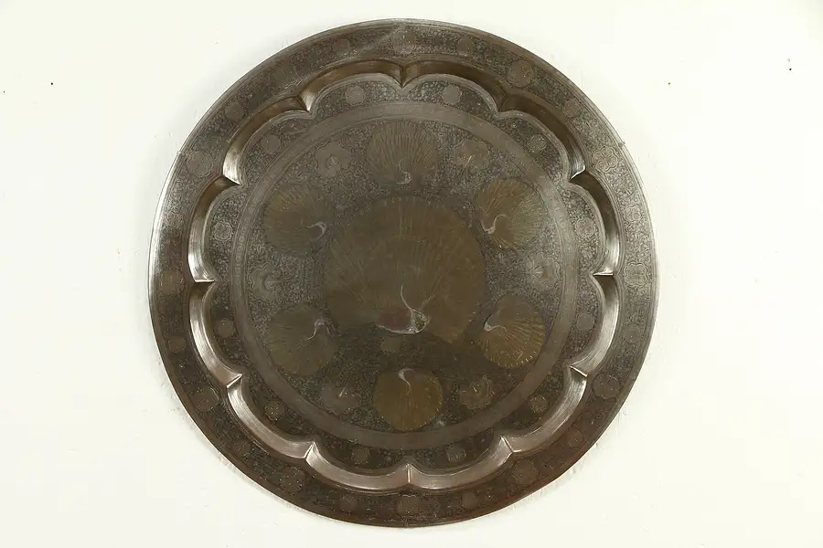 Main image of Copper Antique Charger or Banquet Tray, Silver Overlay, Peacock Motif