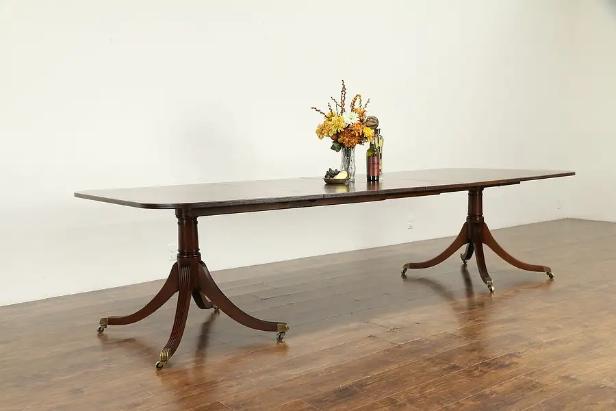 Main image of Traditional 10' Antique Banded Mahogany Dining Table 2 Pedestals 4 Leaves