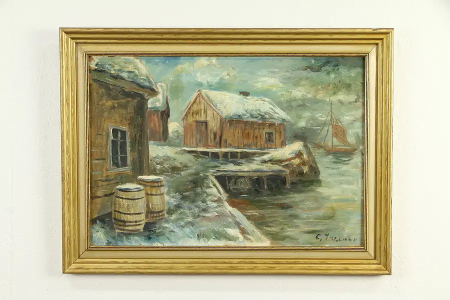 Main image of Harbor in Winter, Antique Original Oil Painting, Signed