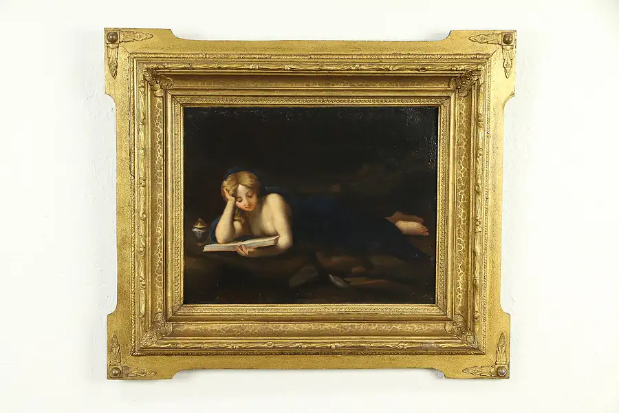 Main image of Young Woman Reading a Book, Victorian Antique Original Oil Painting