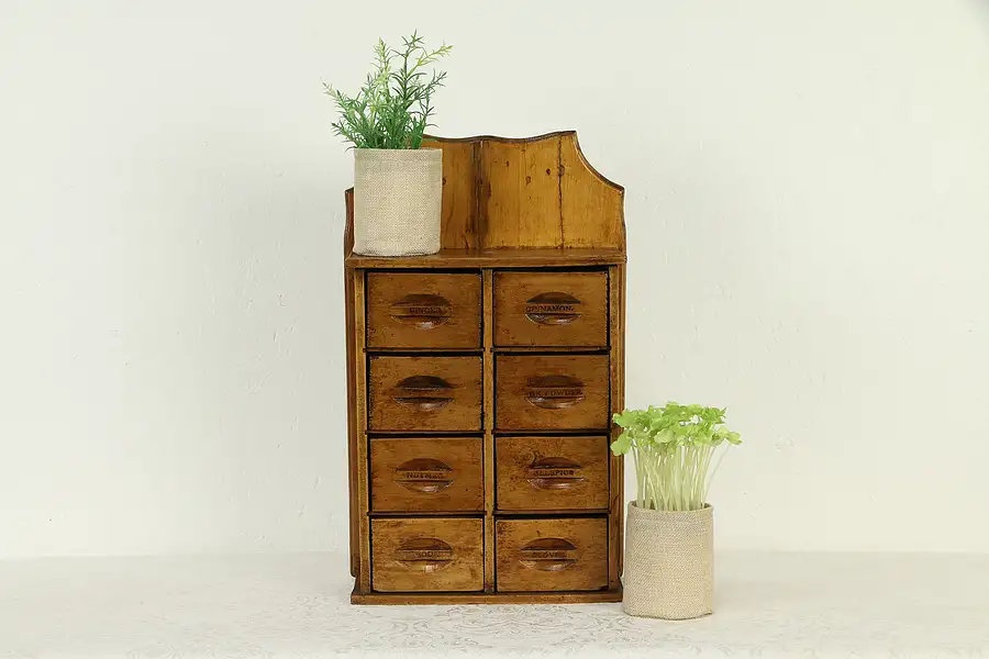 Main image of Country Pine Farmhouse Antique 8 Drawer Spice Box, Wall or Counter