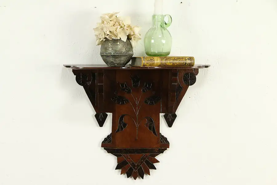 Main image of Victorian Eastlake Antique Carved Walnut Clock or Wall Shelf