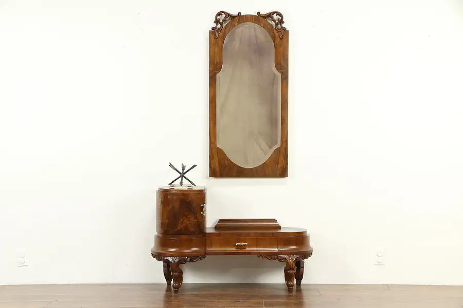 Main image of Italian Art Deco Olive Burl Vanity, Dressing Table, Hall Console & Mirror