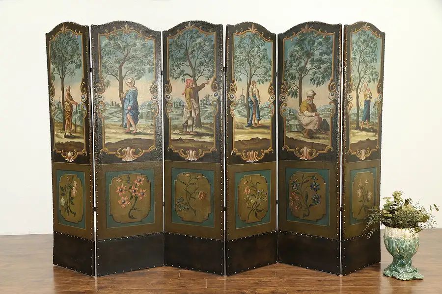 Main image of Hand Painted Antique 6 Panel Screen, Renaissance Scenes & Trompe-l'œil