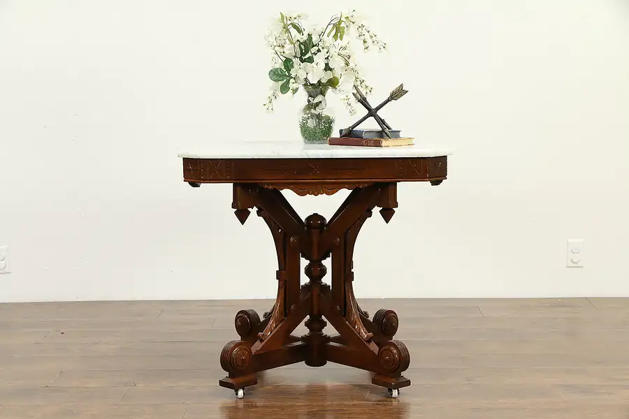 Main image of Victorian Eastlake Antique Walnut Parlor Lamp Table, Marble Top