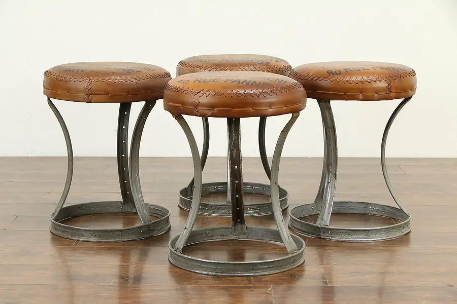 Main image of PAIR Laced Leather & Industrial Steel Stools, French Inscriptions