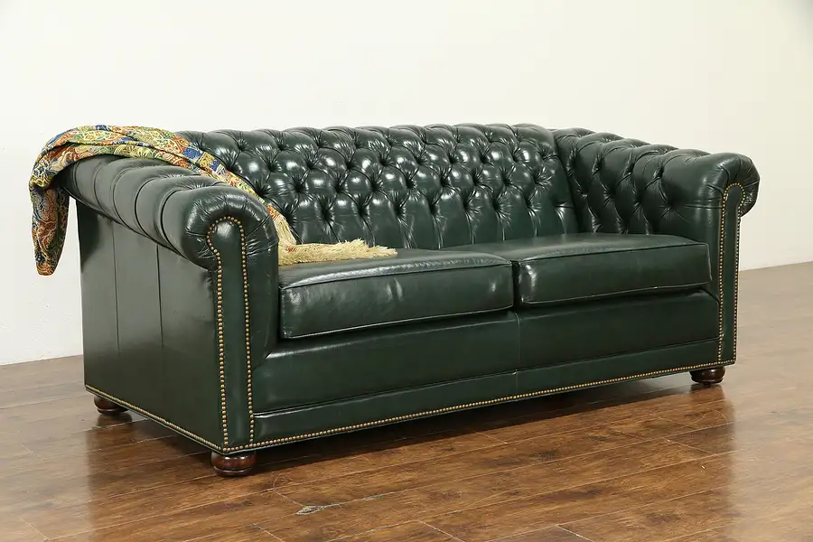 Main image of Chesterfield Green Tufted Leather Vintage Couch, Nailhead Trim