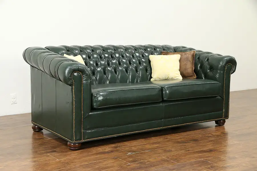 Main image of Chesterfield Green Tufted Leather Vintage Couch, Nailhead Trim