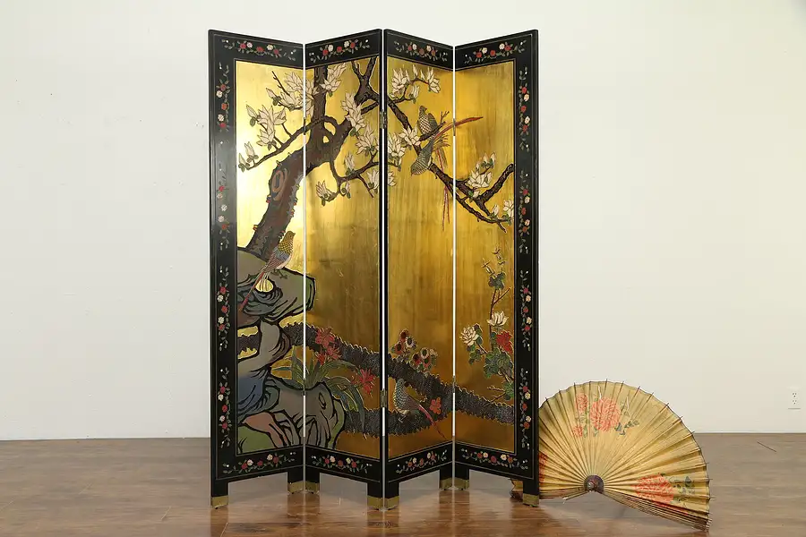 Main image of Chinese 4 Panel Gold Leaf Vintage Carved Coromandel Screen