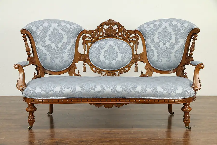 Main image of Victorian Antique 1870 Hand Carved Walnut Sofa, New Upholstery