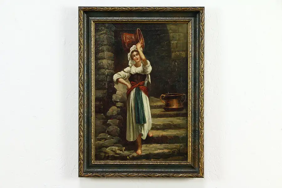 Main image of Young Woman with Water Jug, Antique Original Oil Painting, Signed