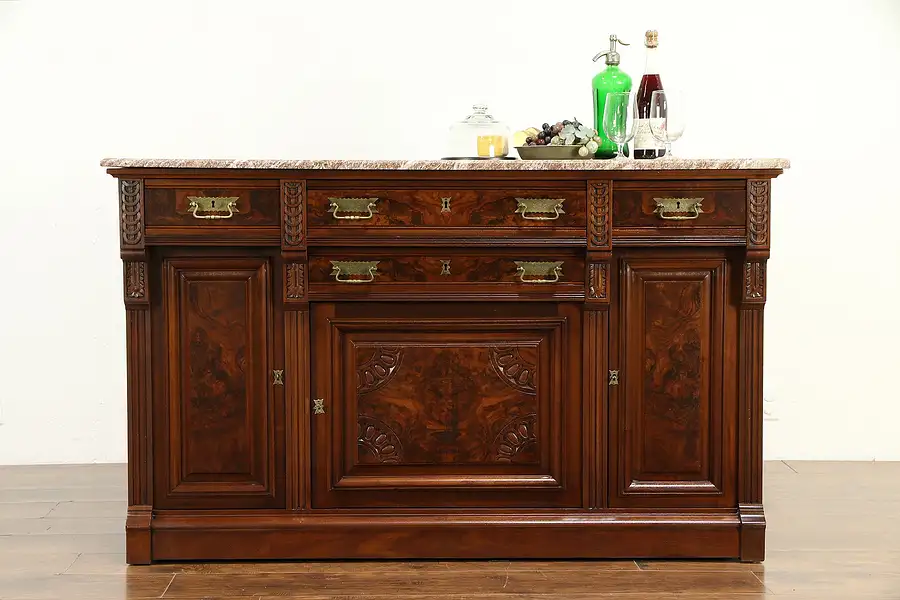 Main image of Victorian Eastlake Antique Walnut Sideboard, Server or Buffet, Marble Top