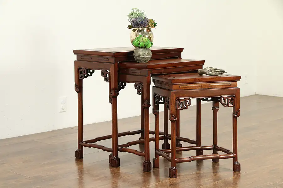 Main image of Set of 3 Vintage Chinese Nesting Tables, Carved Rosewood & Burl