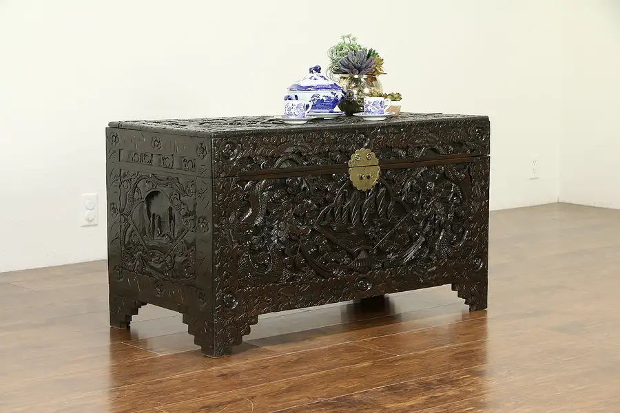 Main image of Chinese Vintage Carved Camphor Dowry Chest, Trunk or Coffee Table