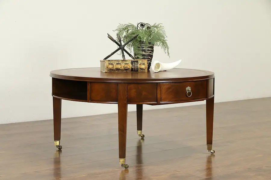 Main image of Traditional Vintage Drum Coffee Table, Tooled Leather Top, Columbia KY