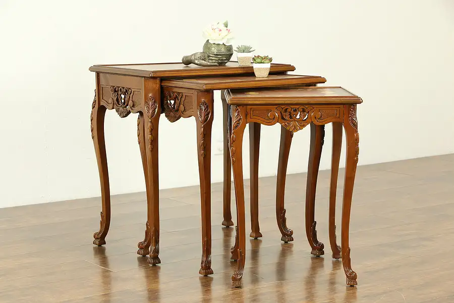 Main image of Set of 3 Vintage Carved Mahogany & Marquetry Nesting Tables