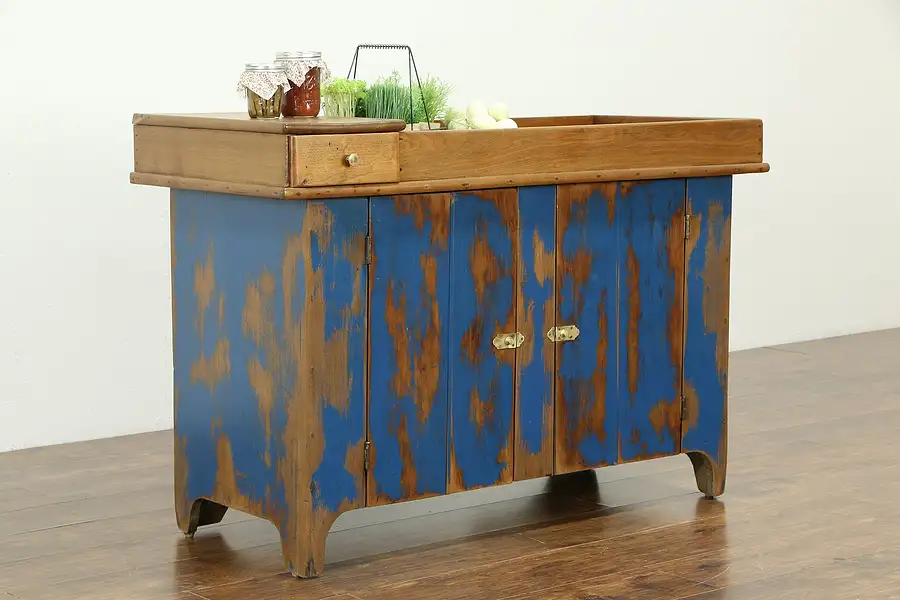 Main image of Dry Sink, Ohio Antique Walnut Kitchen Pantry Cupboard, Blue Paint