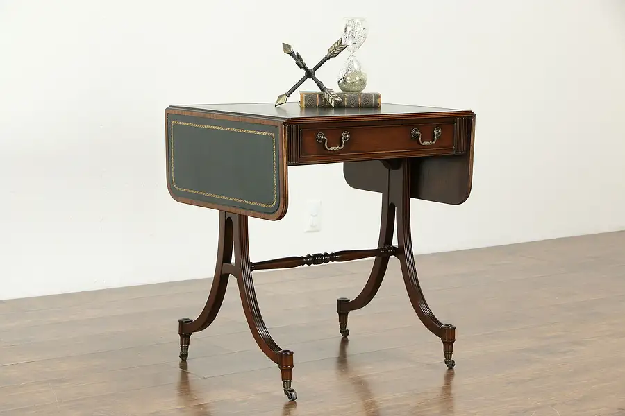 Main image of Drop Leaf Writing Desk or Lamp Table, Charak of Boston, Tooled Leather