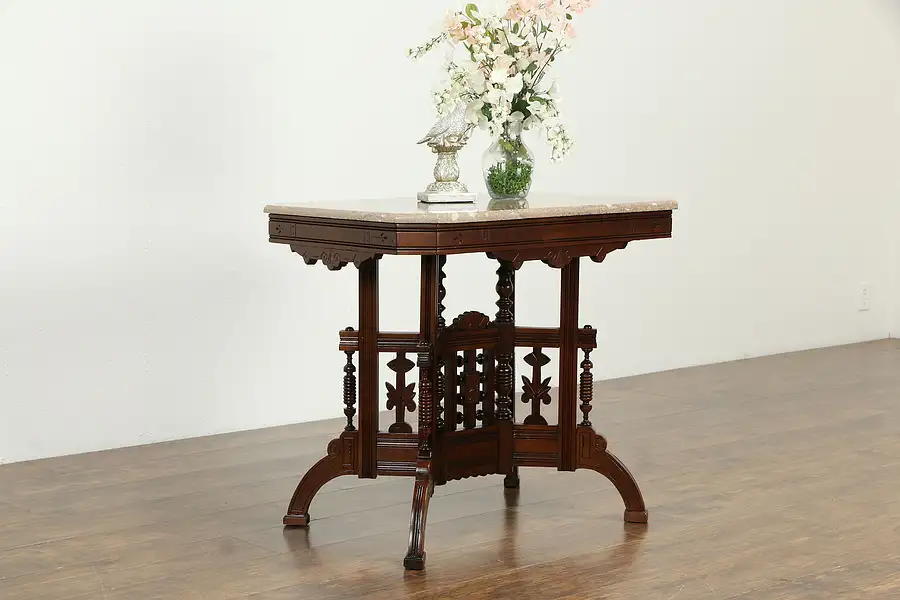 Main image of Victorian Eastlake Antique Cherry Lamp or Parlor Table, Marble Top