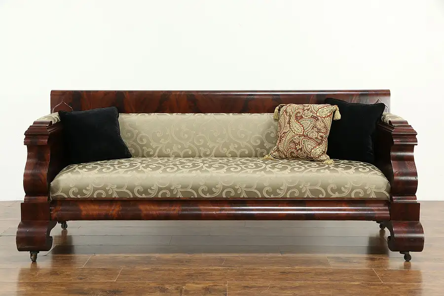 Main image of Empire Antique 1830 Flame Mahogany Sofa, New Upholstery