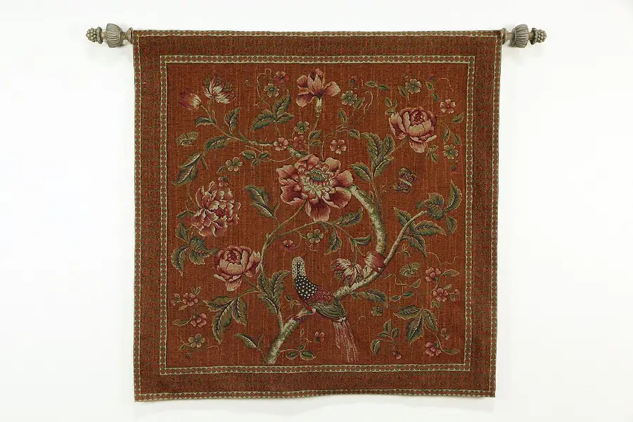 Main image of Flowers & Bird Vintage Tapestry with Carved Hanging Rod