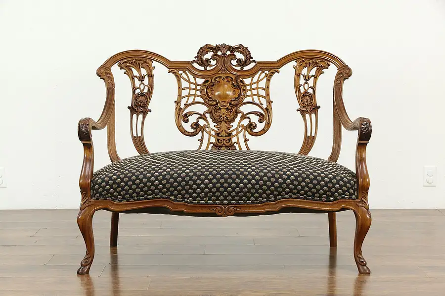 Main image of French Style Carved Walnut Antique Loveseat or Settee, Recent Upholstery