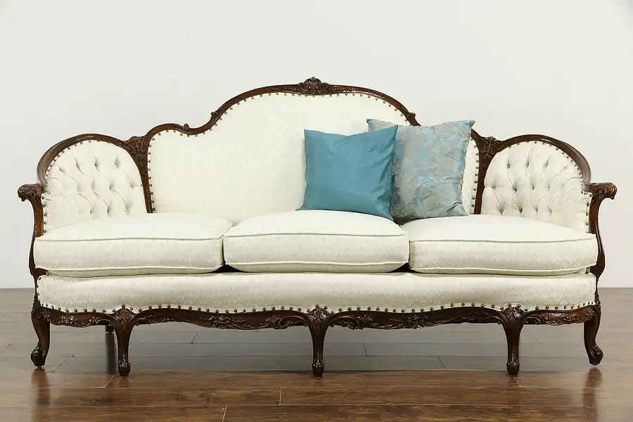 Main image of French Design Carved Vintage Sofa, Recent Upholstery