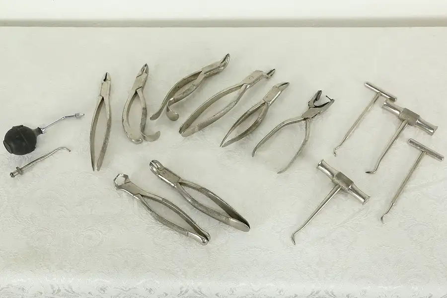 Main image of Dental Instruments Collection of 14 Nickel Antique Dentist Tools Pat 1898