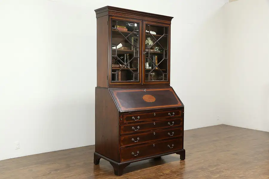 Main image of Victorian Antique English Mahogany Inlaid Secretary Desk & Bookcase