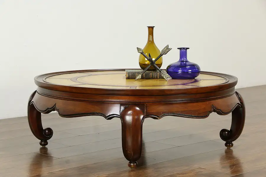 Main image of Round Vintage Cherry Coffee Table, Tooled Leather Top