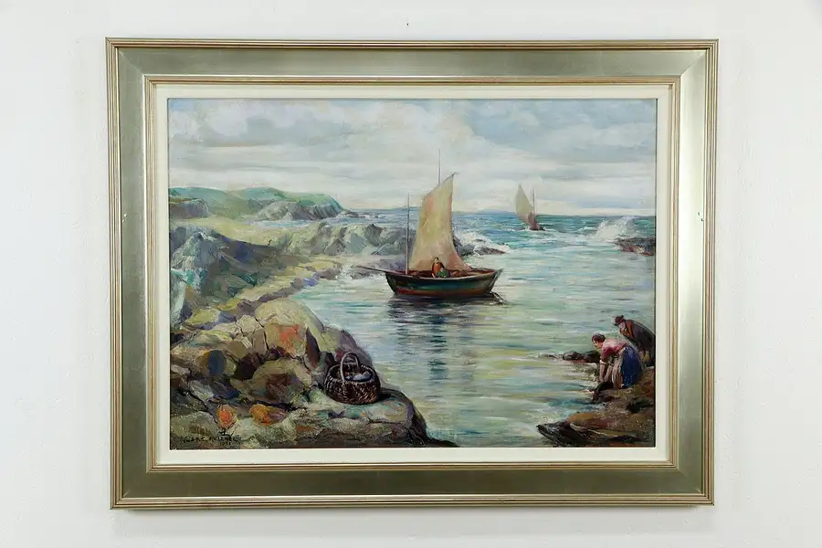 Main image of Coast of Brittany With Sailboat Oil Painting, Charles H Kellner 1935