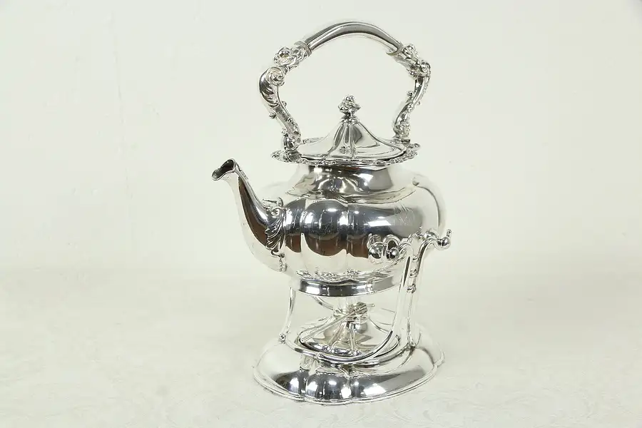 Main image of Silverplate Antique Tilting Tea Kettle or Coffee Pot & Burner, Wilcox