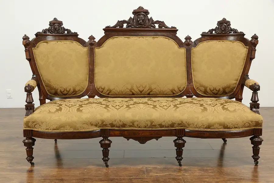 Main image of Victorian Renaissance Antique Carved Walnut Sofa, New Upholstery, Jelliff