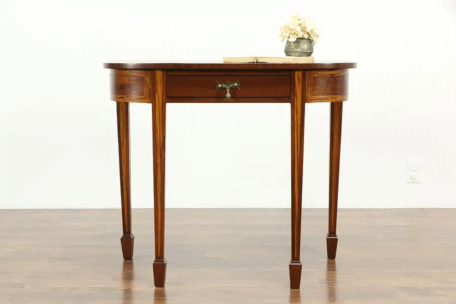 Main image of Demilune or Hall Antique Mahogany Inlaid Console Table 1870's