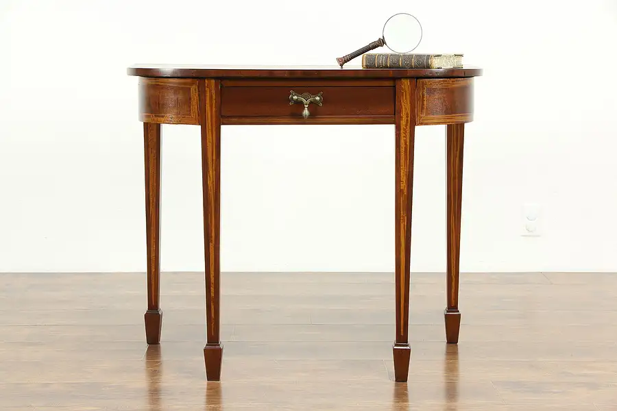 Main image of Inlaid Demilune Antique Hall Console Table, Mahogany & Satinwood