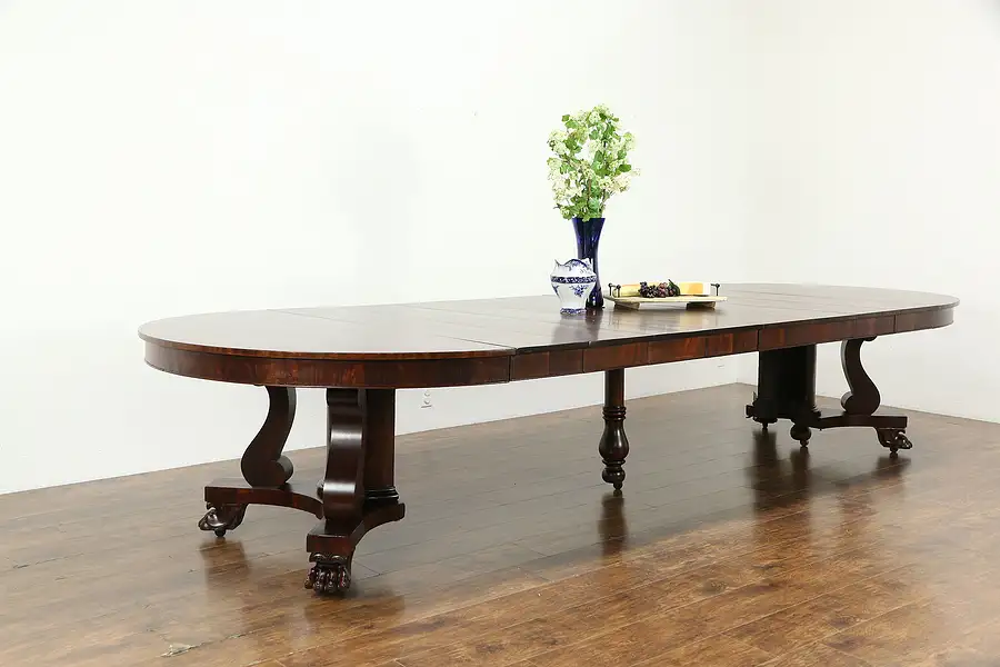 Main image of Round 5' Mahogany Antique Dining Table, Paw Feet, Extends 13'