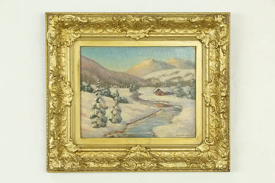 Main image of Winter Cabin and Mountains Original Vintage Oil Painting, Brian Weldon