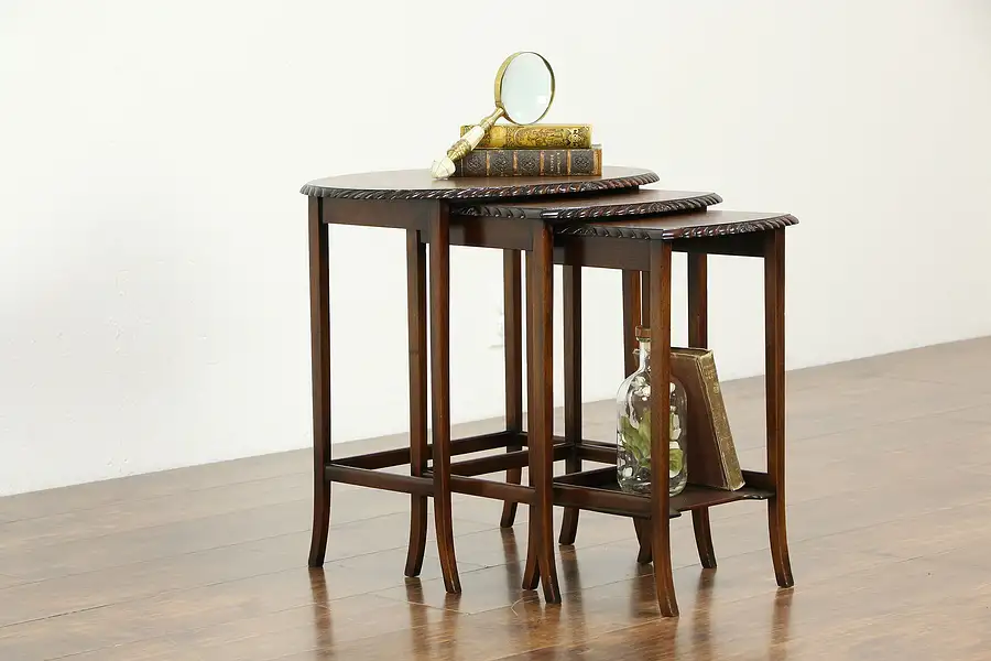 Main image of Set of 3 Vintage Italian Mahogany Rope Carved Nesting Tables