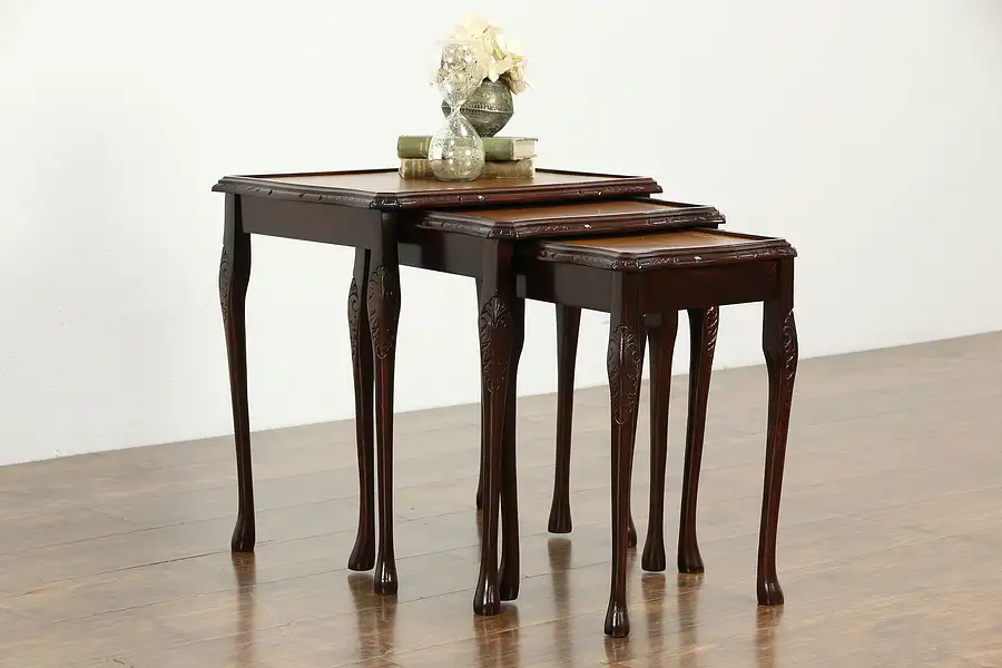 Main image of Set of 3 Italian Mahogany Vintage Nesting Tables, Gold Tooled Leather