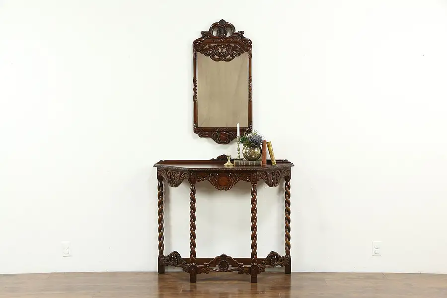 Main image of English Tudor Style Antique Carved Walnut Hall Console & Mirror Set