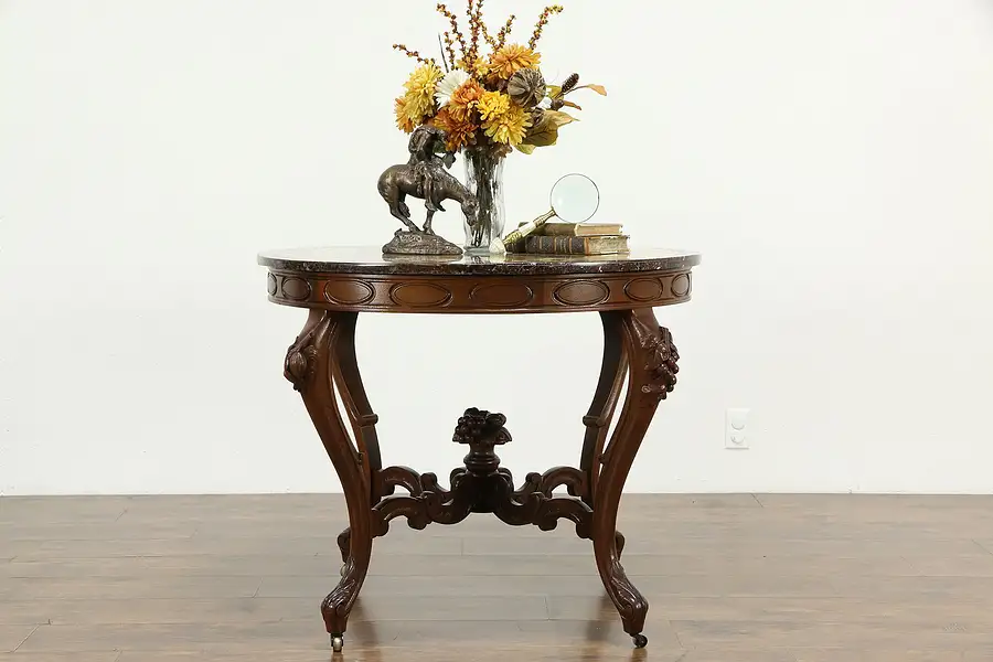 Main image of Victorian Pietra Dura Inlaid Marble Antique Table, Carved Walnut