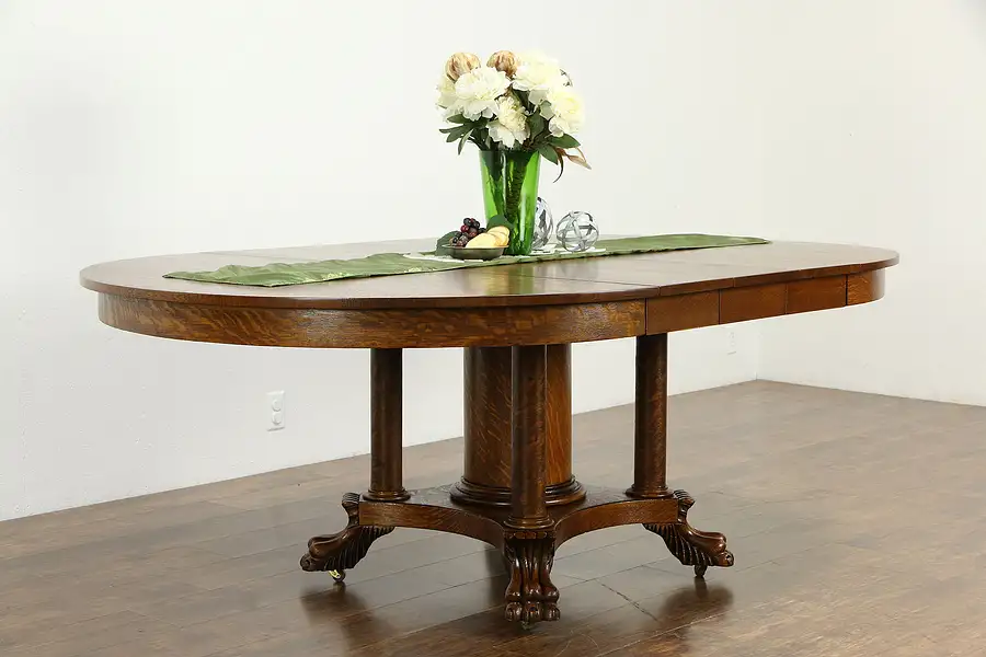 Main image of Quarter Sawn Oak Antique 54" Round Dining Table 3 Leaves Lion Paw Feet