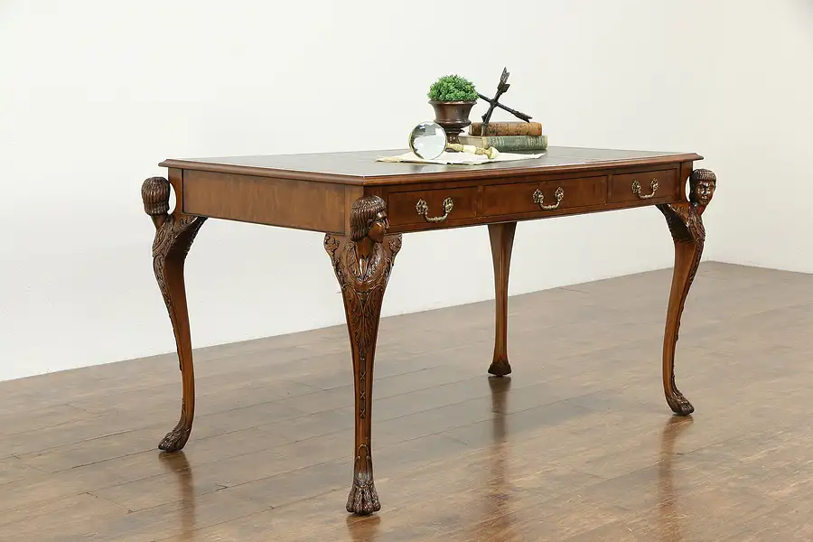 Main image of Maitland Smith Neoclassical Tooled Leather Desk, Carved Heads & Paws