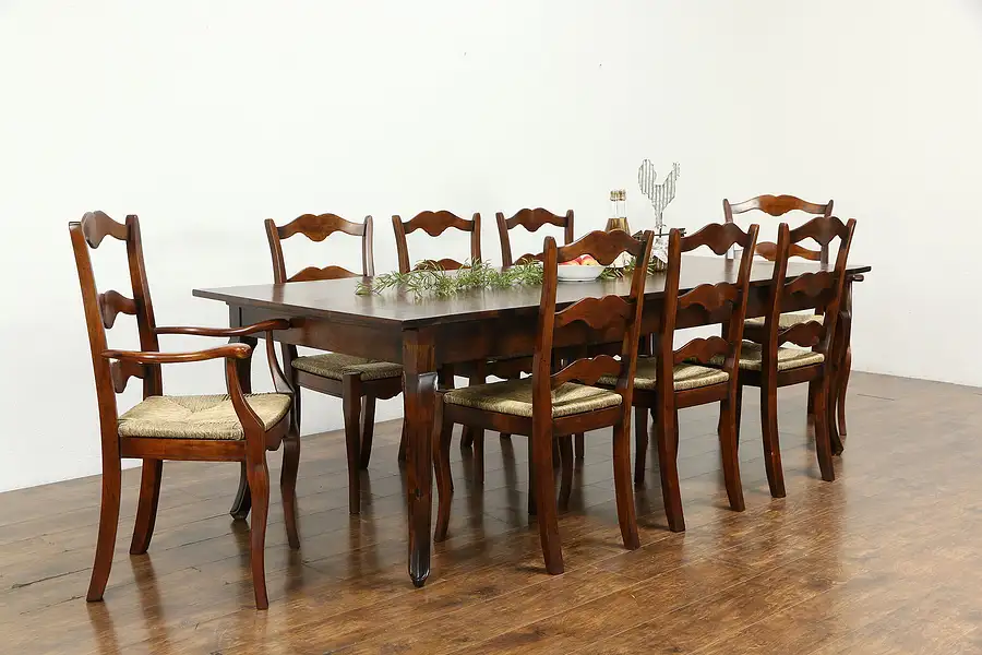 Main image of Country Farmhouse Cherry Vintage Dining Set, Table, 8 Chairs Rush Seats