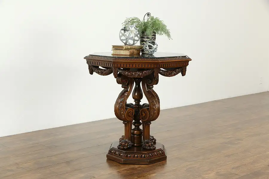 Main image of Hexagonal 1920 Antique Walnut Hall Center or Lamp Table, Black Marble Top