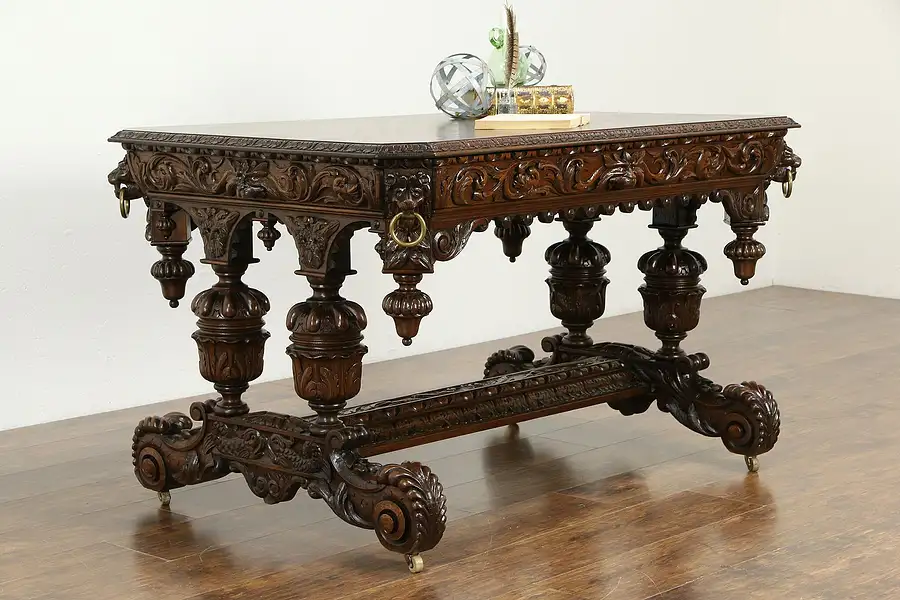 Main image of Renaissance Oak Antique Italian Library Desk, Carved Lions